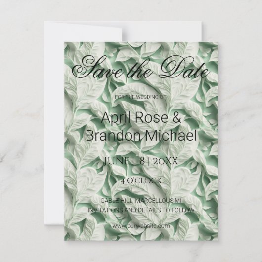 Elegante  witte groene bladkalligrafie save the date (Voorkant)