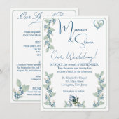 Elegante witte, groene, & blauwe bloemenbruiloft kaart (Voorkant / Achterkant)