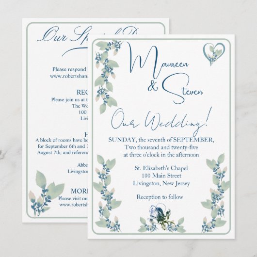 Elegante witte, groene, & blauwe bloemenbruiloft kaart (Voorkant / Achterkant)