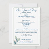 Elegante witte, groene, & blauwe bloemenbruiloft kaart (Achterkant)