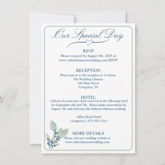 Elegante witte, groene, & blauwe bloemenbruiloft kaart (Achterkant)