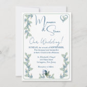 Elegante witte, groene, & blauwe bloemenbruiloft kaart (Voorkant)