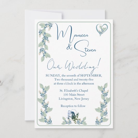 Elegante witte, groene, & blauwe bloemenbruiloft kaart (Voorkant)