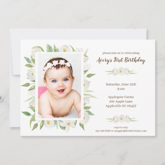 Elegante Witte & Groene Bloemen Baby's 1e verjaard Kaart (Voorkant)