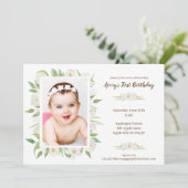 Elegante Witte & Groene Bloemen Baby's 1e verjaard Kaart (Staand voorkant)