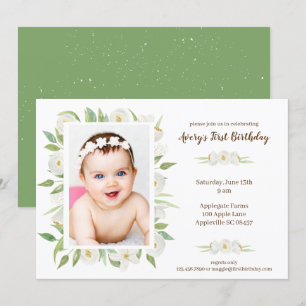 Elegante Witte & Groene Bloemen Baby's 1e verjaard Kaart