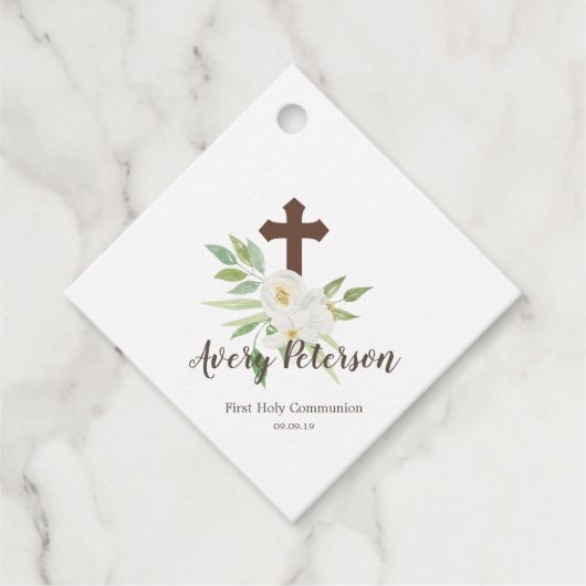 Elegante witte & groene bloemeneerste heilige comm bedankjes labels (Voorkant)