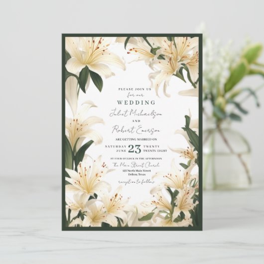 Elegante witte groene lelie groen zomer bruiloft kaart (Staand voorkant)