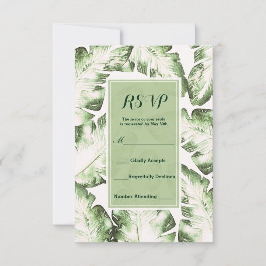 Elegante witte groene tropische bladeren RSVP antw (Voorkant)