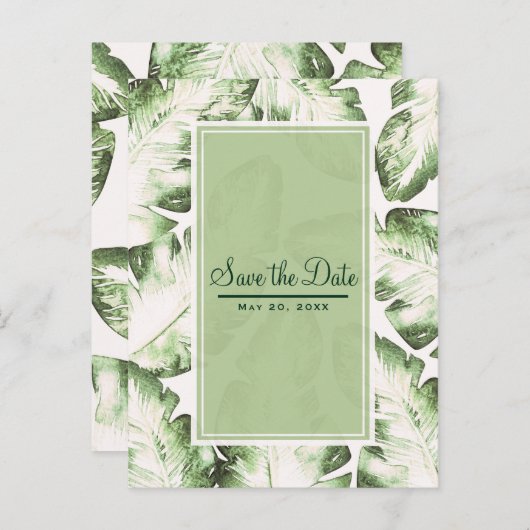 Elegante witte groene tropische bladeren Save the  Aankondigingskaart (Voorkant / Achterkant)