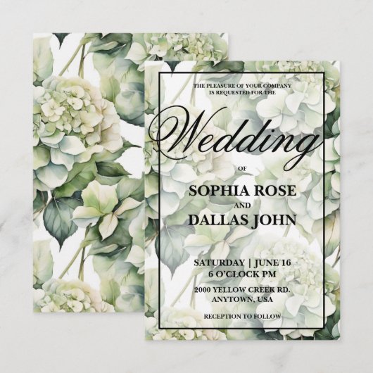 Elegante witte groene waterverf bloemenbruiloft kaart (Voorkant / Achterkant)