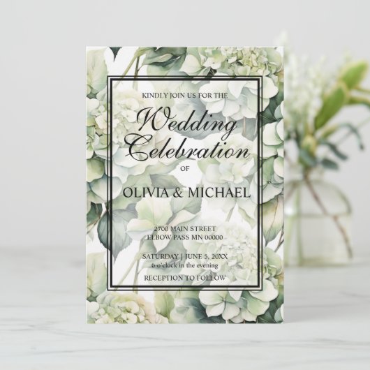 Elegante witte groene waterverf bloemenbruiloft kaart (Staand voorkant)