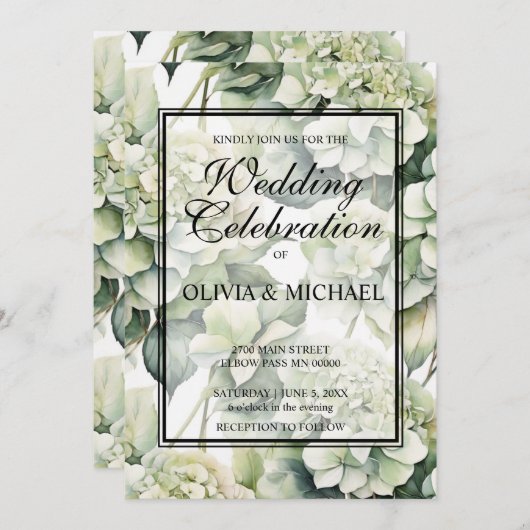 Elegante witte groene waterverf bloemenbruiloft kaart (Voorkant / Achterkant)