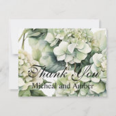 Elegante witte groene waterverf bloemenhortensia's bedankkaart (Voorkant)