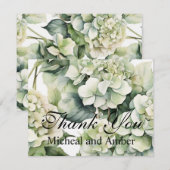 Elegante witte groene waterverf bloemenhortensia's bedankkaart (Voorkant / Achterkant)