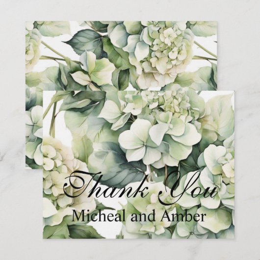 Elegante witte groene waterverf bloemenhortensia's bedankkaart (Voorkant / Achterkant)