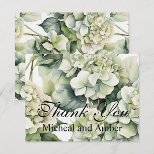 Elegante witte groene waterverf bloemenhortensia's bedankkaart