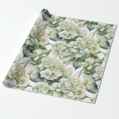 Elegante witte groene waterverf bloemenhortensia's cadeaupapier (Uitgerold)