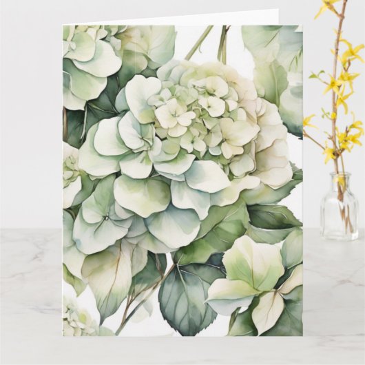 Elegante witte groene waterverf bloemenhortensia's kaart (Gele Bloem)