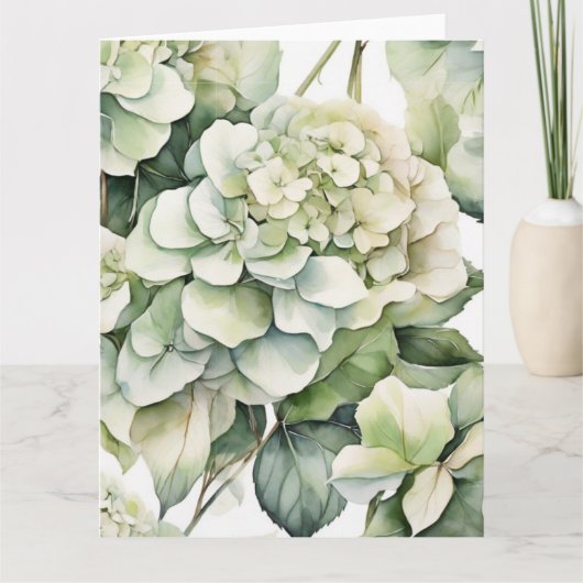 Elegante witte groene waterverf bloemenhortensia's kaart (Voorkant)