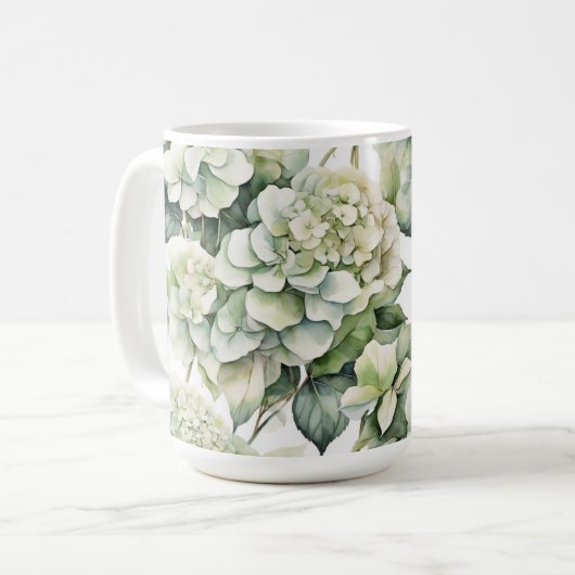 Elegante witte groene waterverf bloemenhortensia's koffiemok (Voorkant links)