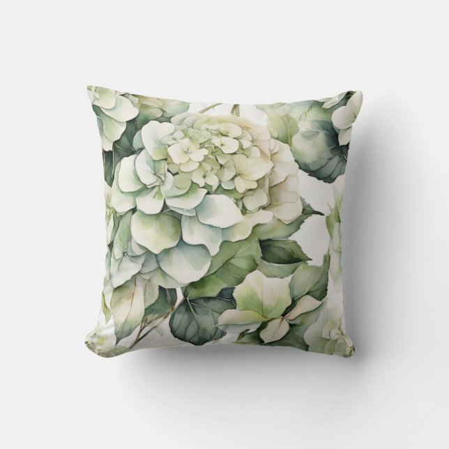 Elegante witte groene waterverf bloemenhortensia's kussen (Voorkant)