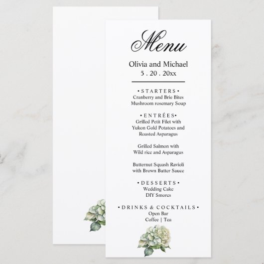 Elegante witte groene waterverf bloemenhortensia's menu (Voorkant / Achterkant)