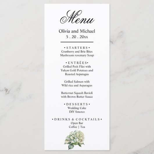 Elegante witte groene waterverf bloemenhortensia's menu (Voorkant)