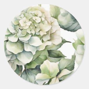 Elegante witte groene waterverf bloemenhortensia's ronde sticker