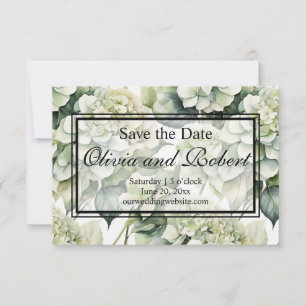 Elegante witte groene waterverf bloemenhortensia's save the date