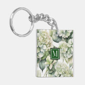 Elegante witte groene waterverf bloemenhortensia's sleutelhanger (Voorkant Links)