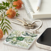 Elegante witte groene waterverf bloemenhortensia's sleutelhanger (Voorkant Rechts)