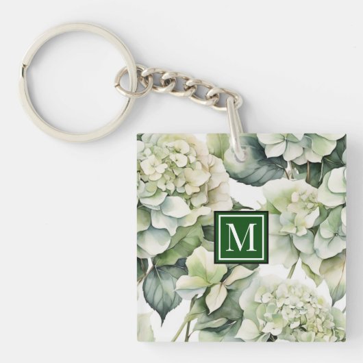 Elegante witte groene waterverf bloemenhortensia's sleutelhanger (Voorkant)