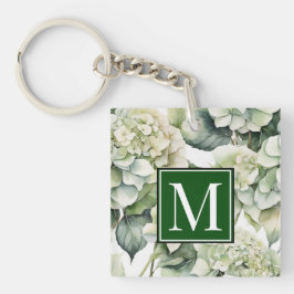 Elegante witte groene waterverf bloemenhortensia's sleutelhanger