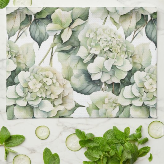 Elegante witte groene waterverf bloemenhortensia's theedoek (Gevouwen)