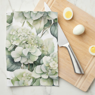 Elegante witte groene waterverf bloemenhortensia's theedoek