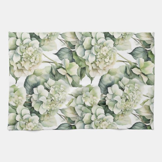Elegante witte groene waterverf bloemenhortensia's theedoek (Horizontaal)
