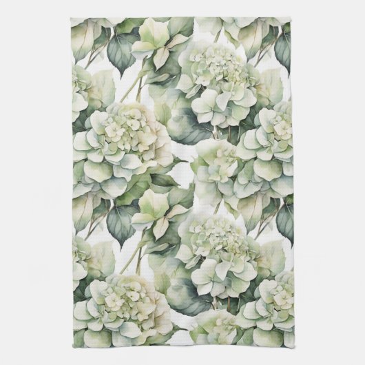 Elegante witte groene waterverf bloemenhortensia's theedoek (Verticaal)