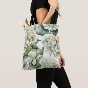 Elegante witte groene waterverf bloemenhortensia's tote bag
