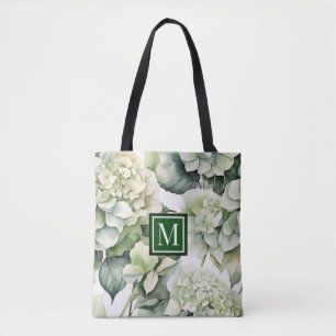 Elegante witte groene waterverf bloemenhortensia's tote bag