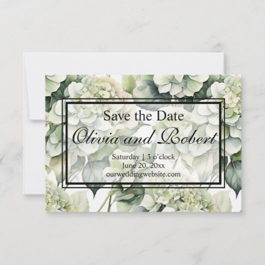 Elegante witte groene waterverf bloemhydrangea save the date (Voorkant)
