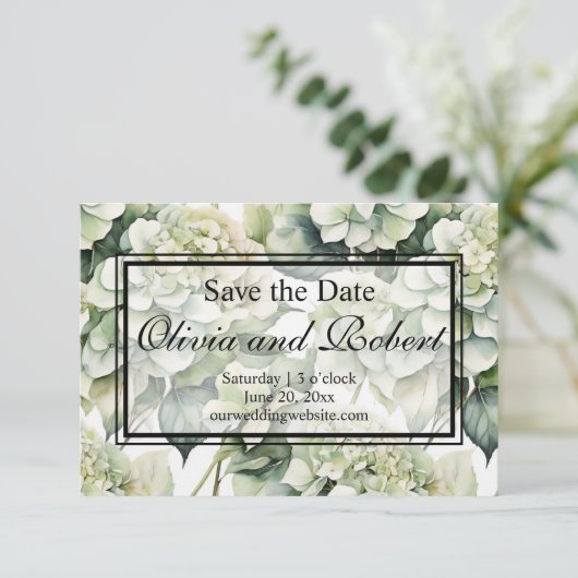 Elegante witte groene waterverf bloemhydrangea save the date (Staand voorkant)