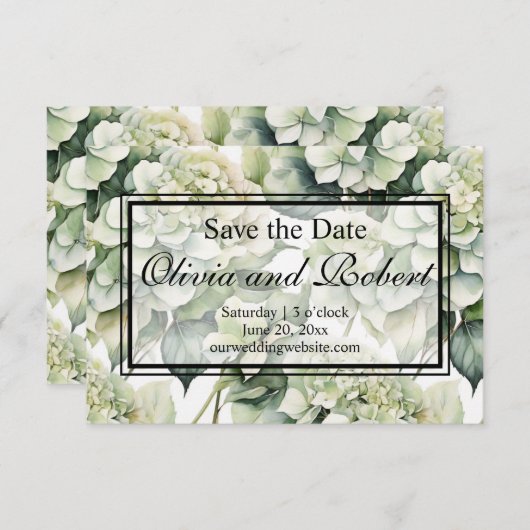 Elegante witte groene waterverf bloemhydrangea save the date (Voorkant / Achterkant)