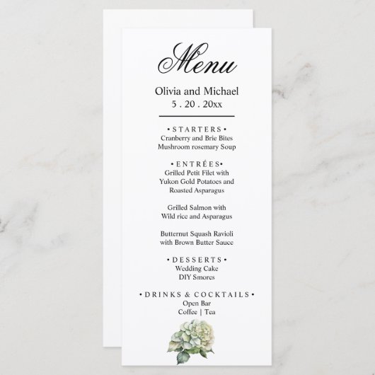 Elegante witte groene waterverf bloemige hortensia menu (Voorkant / Achterkant)