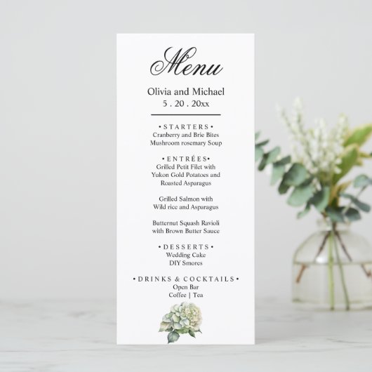 Elegante witte groene waterverf bloemige hortensia menu (Staand voorkant)