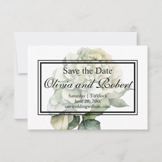 Elegante witte groene waterverf bloemige hortensia save the date (Voorkant)