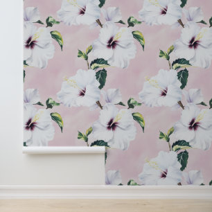 Elegante witte hibiscus op zachte roze achtergrond behang