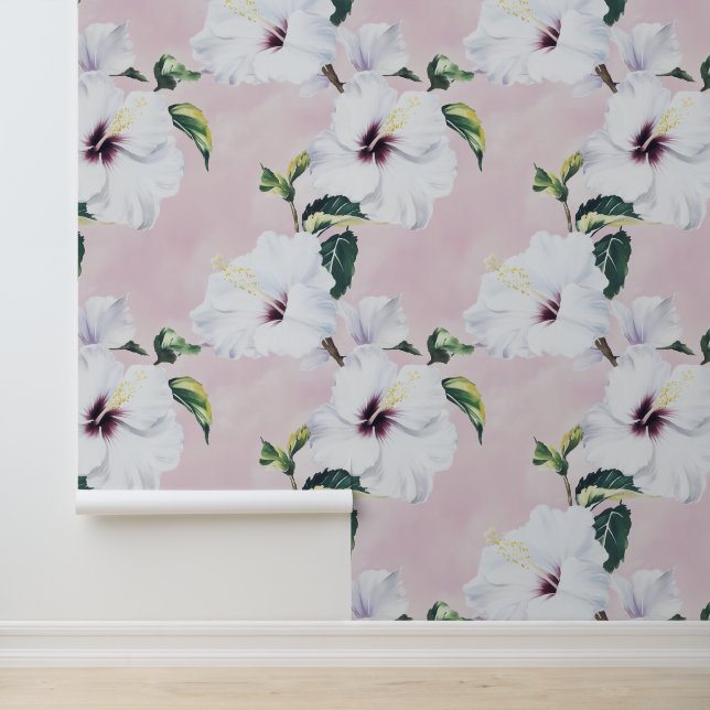 Elegante witte hibiscus op zachte roze achtergrond behang (Applicatie)