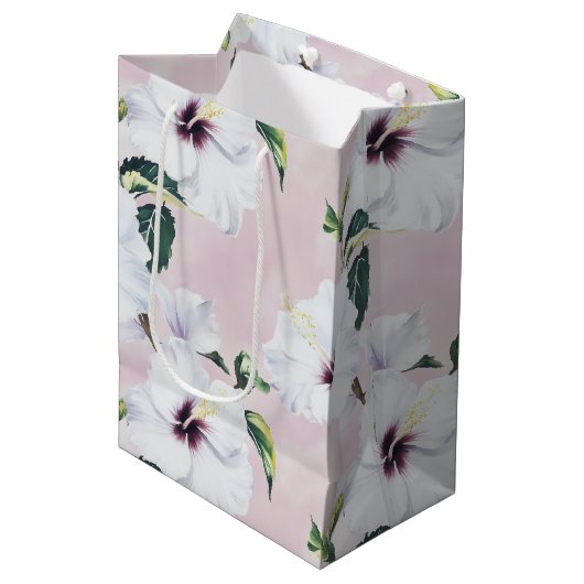 Elegante witte hibiscus op zachte roze achtergrond medium cadeauzakje (Voorkant Gekanteld)