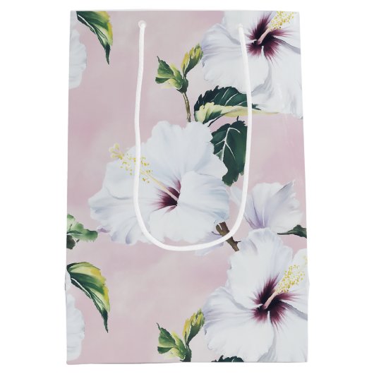 Elegante witte hibiscus op zachte roze achtergrond medium cadeauzakje (Achterkant)